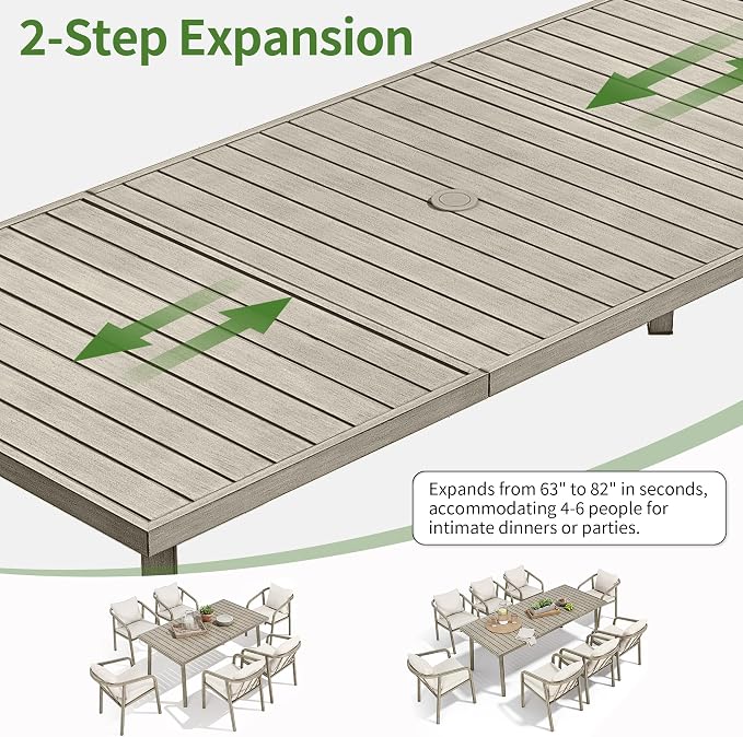 82"×35" Never-Rust Aluminum Outdoor Dining Table – Rectangular Patio Table for 8 Person with Umbrella Hole, Heavy Duty All-Weather for Poolside, Garden, Backyard, Porch, Deck, Gray Oak
