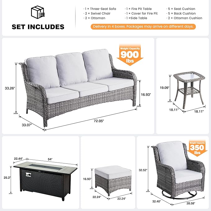 ovios 7-Piece Patio Furniture Set with Swivel Chairs Coffee Table, Outdoor Wicker Sofa with 54" Fire Pit Table, High Back Couch Modern Conversation Sets, Grey/Grey