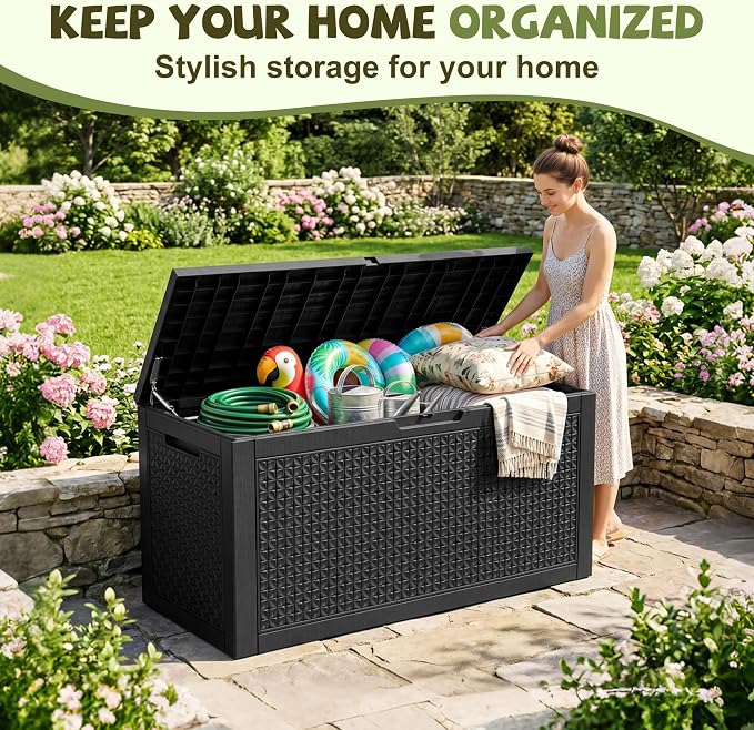 150 Gallon Outdoor Storage Box, Large Resin Deck Box Waterproof, Lockable Toy Storage Container, Storage Bins with Lids for Patio furniture, Garden Tool Box, Black