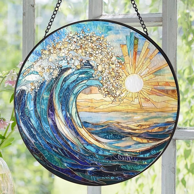 The Ocean Waves and The Sunrise Suncatcher Stained Glass Window Hanging | 7.9 in, Sun Catcher, Garden Decor