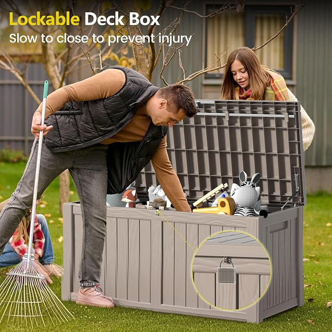 Zapdos 120 Gallon Outdoor Storage Box Deck Box with Stainless Steel Rods, Waterproof Large Resin Storage Bin for Patio Cushions Garden Tools, Lockable, Fade Resistant, Grey