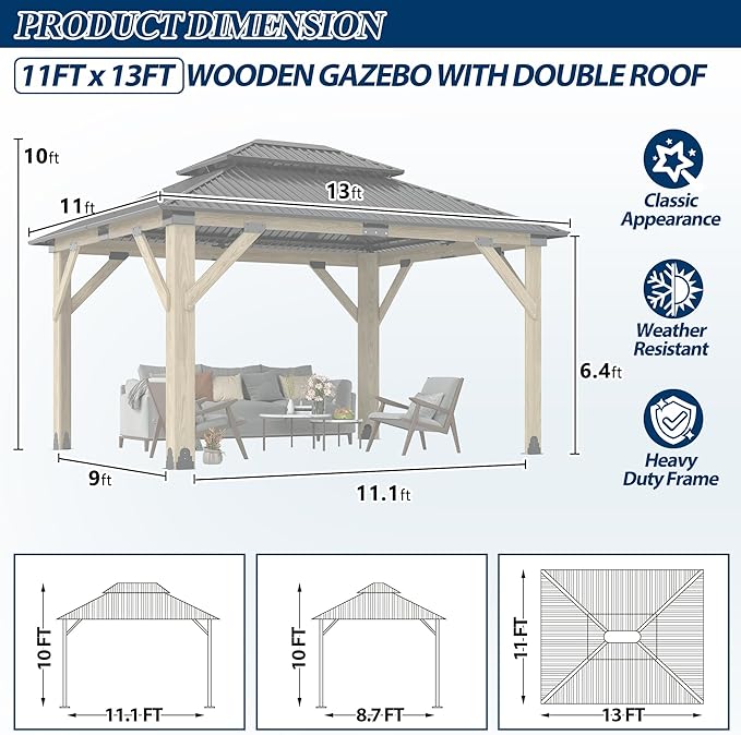 COVERONICS 11FT x 13FT Outdoor Wooden Gazebo - Patio Wood Frame Gazebo with Galvanized Steel Hardtop, Heavy-Duty Hardtop Gazebos for Garden, Poolside, Deck, Backyard