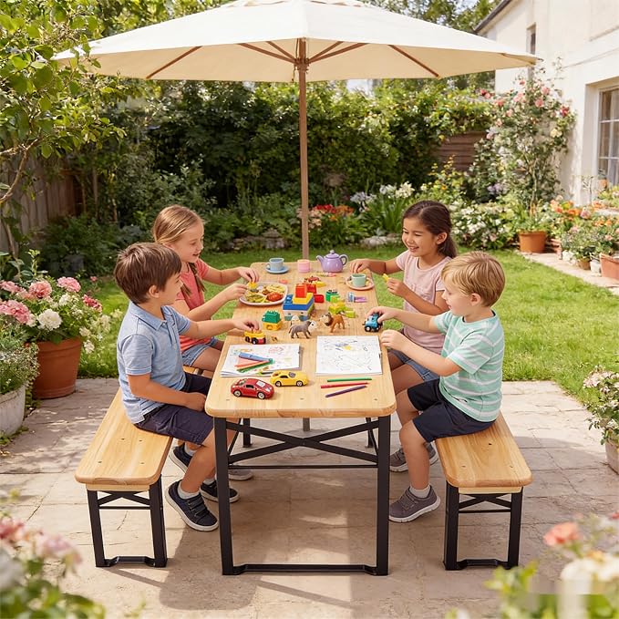HONEY JOY Kids Picnic Table, 43.5 Inch Folding Toddler Outdoor Table & 2 Benches, Fir Wood Top & Metal Frame, No Assembly, Portable Easy to Store Camping Table and Chairs for Patio Backyard (Black)