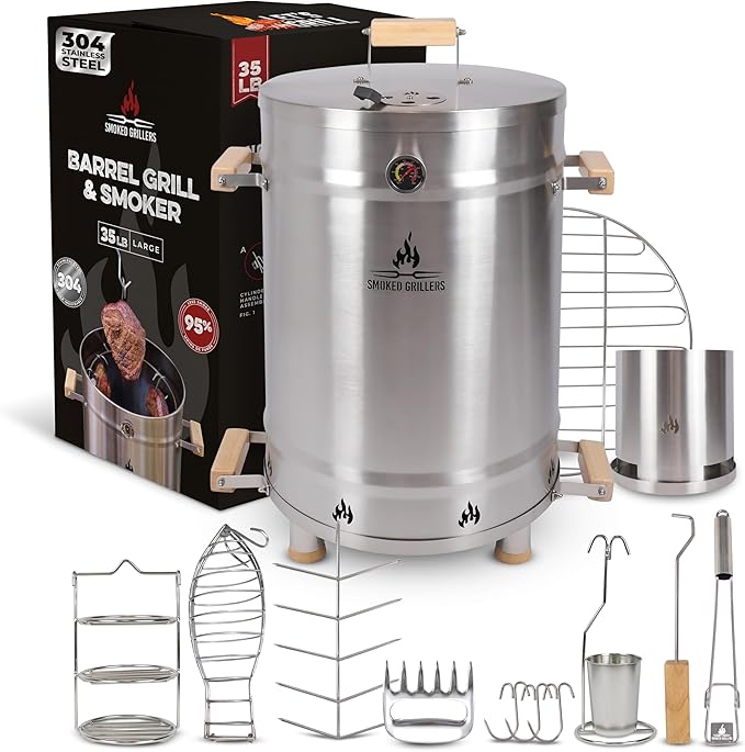 Barrel Smoker Grill Combo | 100% 304 Stainless Steel Barrel | 95% Less Smoke, Even Heat | Easy to Use & Clean – Vertical Smoker Ideal for Balconies and Backyards (LARGE-35 LBS)