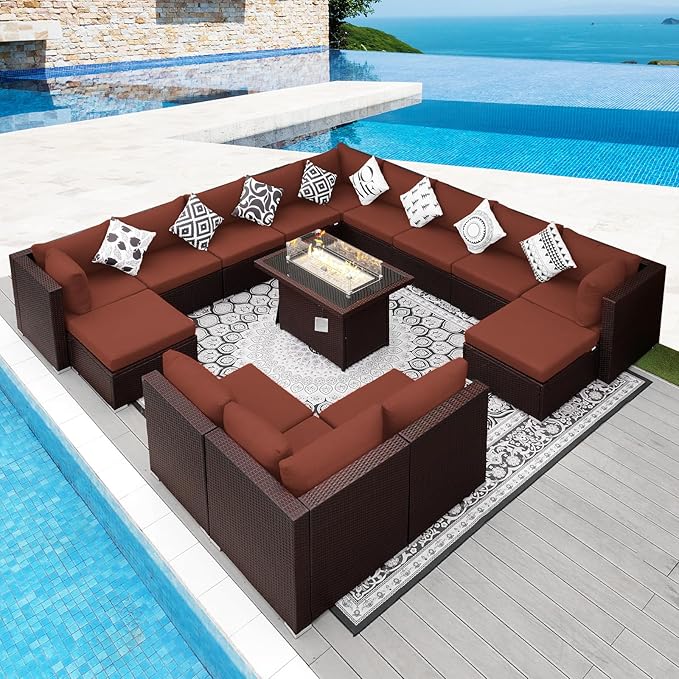 NICESOUL 15 Piece Outdoor Sectional with Fire Pit Table, Modern Luxury Patio Deep Seating w/Firepit, 29.3'' High-Back Wicker Couch Thick, Big High-Weight Capacity Sofa for Garden, Yard, Brown & Red