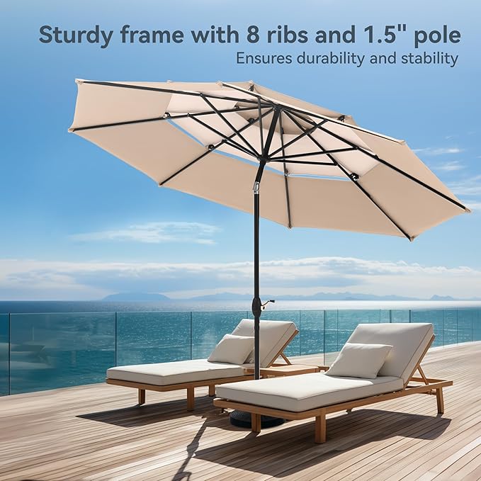 PHI VILLA 10ft Outdoor Patio Umbrella for Outside, 3 Tier Vented Round Market Table Umbrella Windproof for Backyard, Deck, Garden, Beige & Tan(No Base)