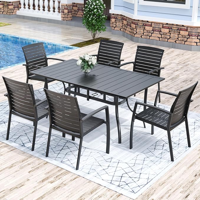 Anmutig Outdoor Dining Set for 6, 63" Table & 6 Aluminum Frame Chairs | Stackable Chairs, Resin Slat Seating, Powder-Coated Steel Table, Umbrella Hole, Easy Assembly, Patio, Garden, Backyard