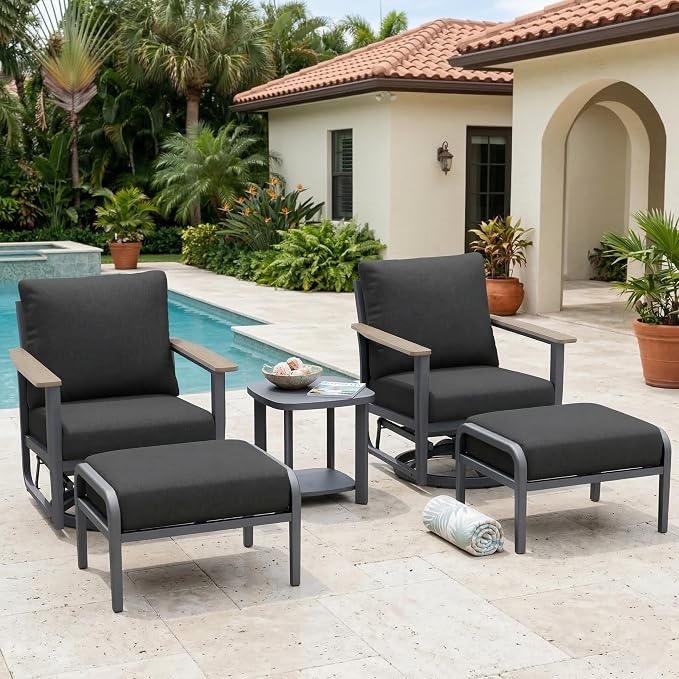 Aluminum Patio Swivel Rocking Chair Outdoor Bistro Set with Ottomans, 5PCS Patio Conversation Set Outdoor Patio Furniture Set with High Backrest & Thickened Cushions for Garden, Dark Grey