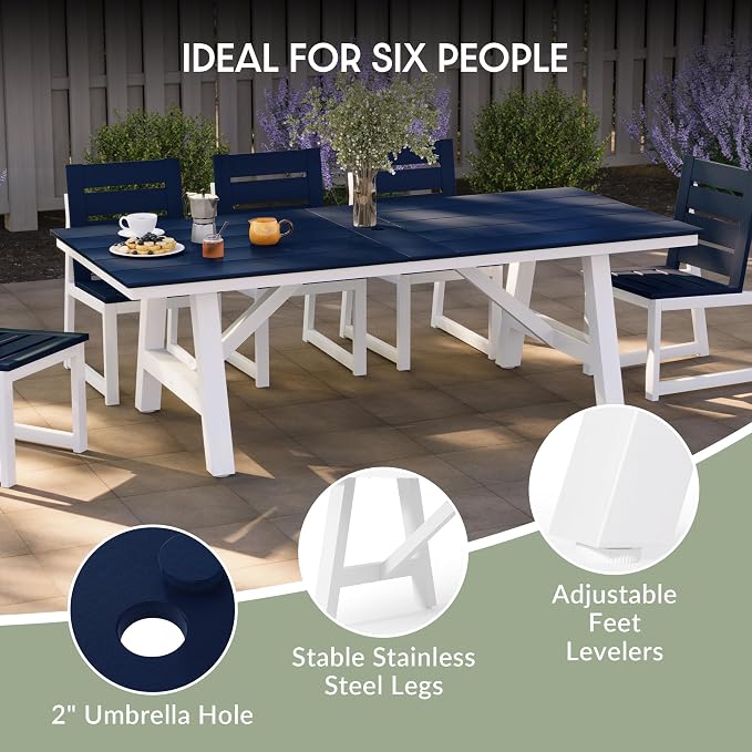 WestinTrends Cape May 9-Piece HDPE Outdoor Furniture Patio Dining Table with Umbrella Hole and Chairs Set for 8, Navy Blue