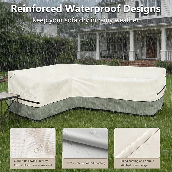 okcool Outdoor Sectional Sofa Cover Waterproof-L-Shaped Patio Furniture Covers for 4-Seater Outdoor Sectional Furniture Couch 58”W (Left Side) x 85”W (Back Length),White&Grayish Green