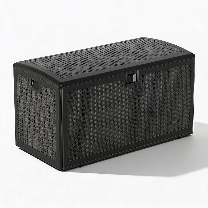 99 Gallon Wicker Resin Deck Box – Lockable Outdoor Storage Container with Handles & Hydraulic Rod, Waterproof Patio Storage Bin for Furniture, Tools, Pool & Garden, Blcak