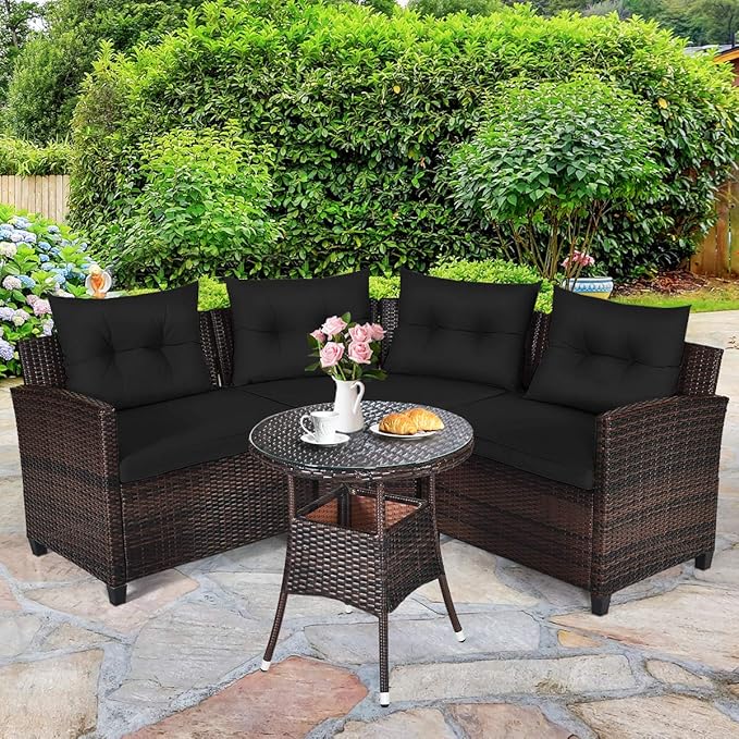 HAPPYGRILL 4 Pieces Outdoor Patio Furniture Set Wicker Sectional Sofa L-Shape with Round Tempered Glass Top Table & Cushions Modern Conversation Set Curved Sofa Set for Garden Poolside Balcony