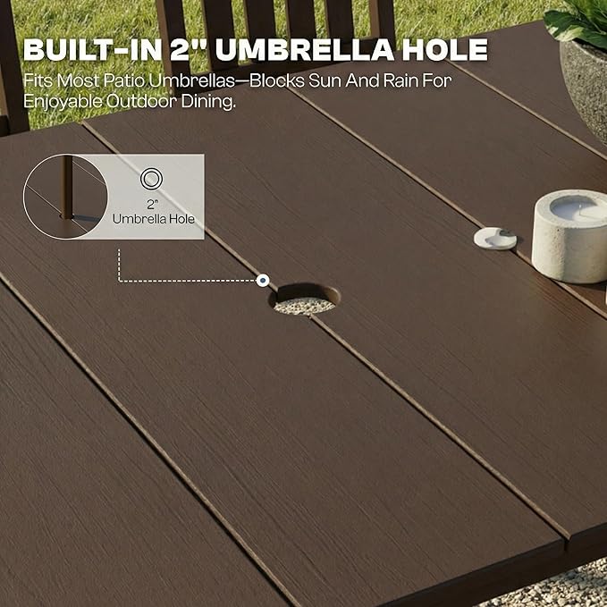 7-Piece Outdoor Dining Set for 6, 75.2" HDPE Patio Table with Umbrella Hole & 6 Chairs, Weather-Resistant Wood-Look Patio Furniture for Garden, Lawn, Deck, or Poolside (Brown)