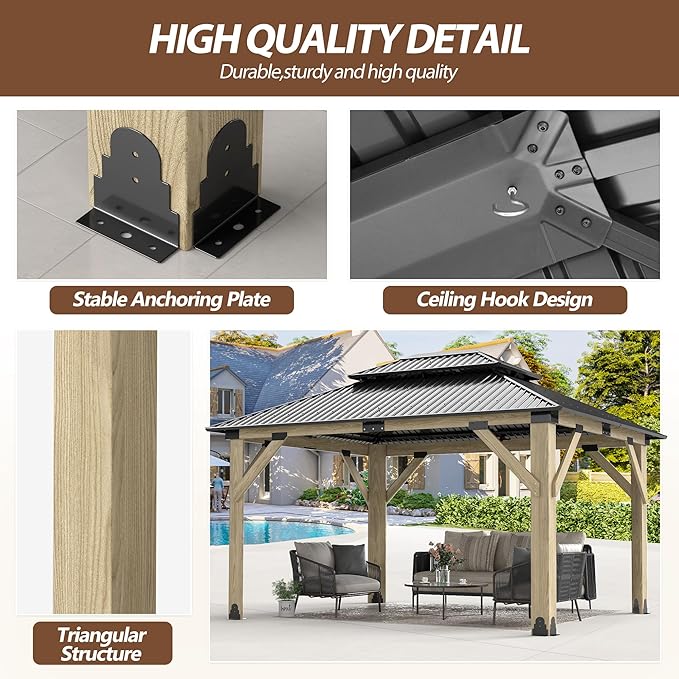 13x15 FT Wood Gazebo,Outdoor Wooden Hardtop Gazebo with Galvanized Steel Doule Roof,Cedar Wood Frame Gazebos Patio Backyard
