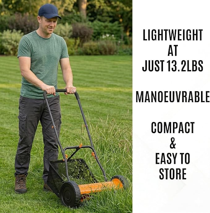16in Push Along Lawn Mower - Lightweight 17.2 lbs - 4 Cutting Heights 0.6" to 1.6" - Rear Roller for Stripes - 16in Heavy Duty Steel Blades - 6.5 Gallon Collection Box (16 in)