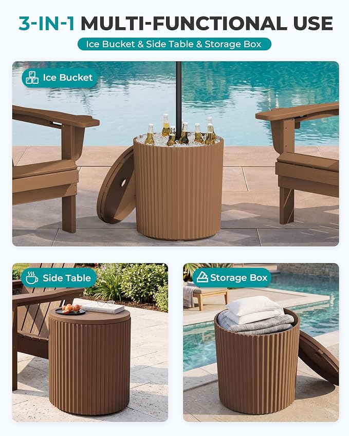 SERWALL Round Outdoor Umbrella Side Table Set of 2 - Outdoor Patio Table with Umbrella Hole for Porch/Patio/Poolside, Brown