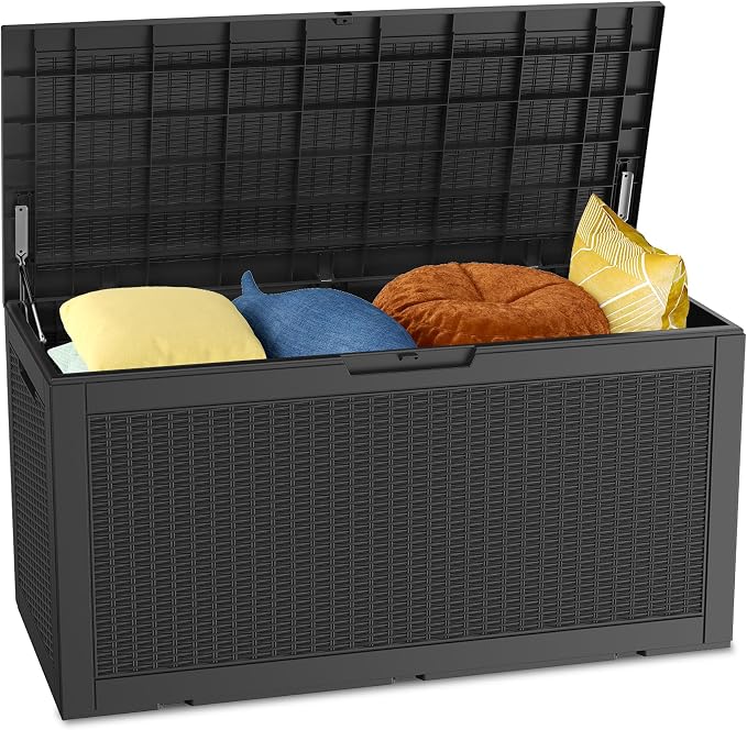 Outdoor Storage Box Waterproof, 100 Gallon Lockable Resin Deck Box Large, Patio Storage Bin for Pool Accessories Cushion Furniture, Garden Tools, UV-Resistant Outside Delivery Black