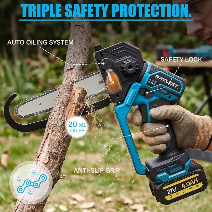 8-Inch Battery Chainsaw Cordless Mini Chainsaw 640W Brushless Electric Chainsaw 13m/s 2x4000mAh Batteries Built-in Caliper 90° Rotating Head 3.75lb Small Battery-Powered Chainsaw Pruning