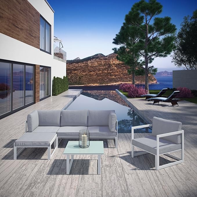 Modway Fortuna 6-Piece Aluminum Outdoor Patio Sectional Sofa Set in White Gray