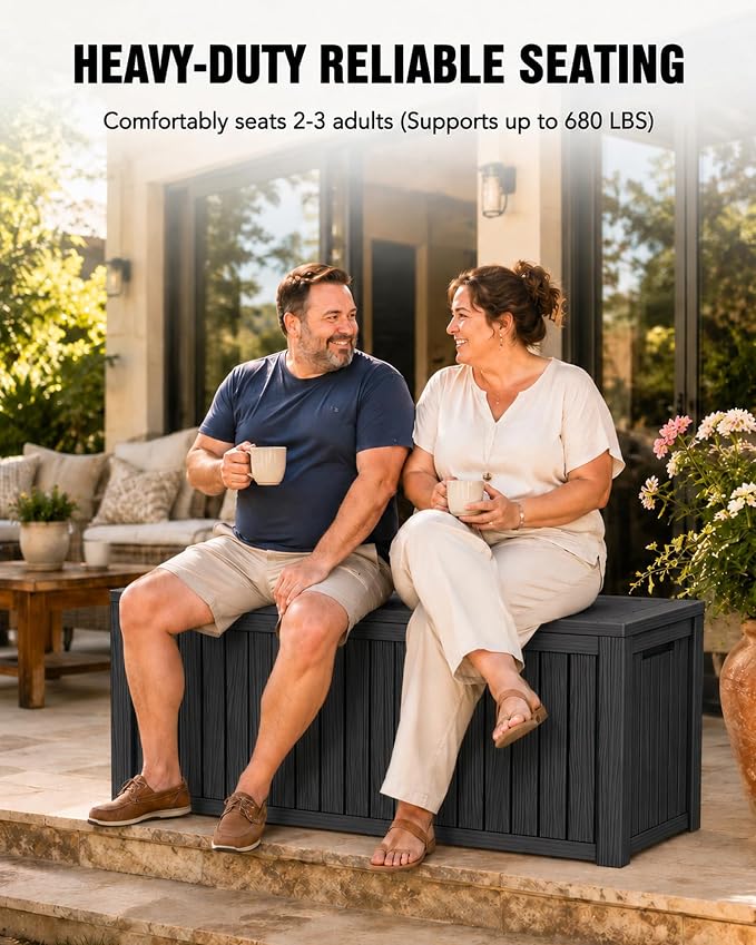 MAKINO 205 Gallon Large Waterproof Deck Box, Heavy Duty Resin Outdoor Storage Box, Outdoor Storage Bench with Hydraulic Rod for Patio Furniture/Cushions/Garden Tools/Backyard/Pool Accessories, Black
