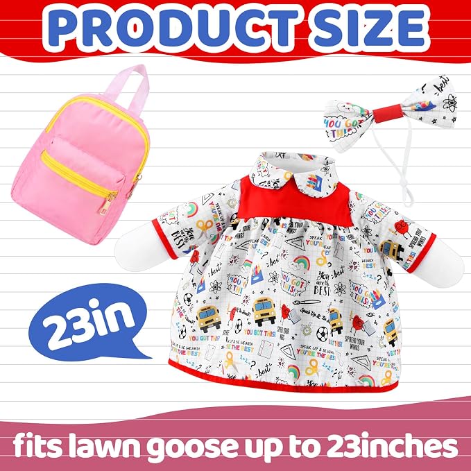Outus Back to School Porch Goose Outfits Includes Notebook Doodle Dress Bow Headband and Pink Schoolbag First Day of School Classroom Goose Clothing for Outdoor Garden Yard Patio Lawn 23" Statue