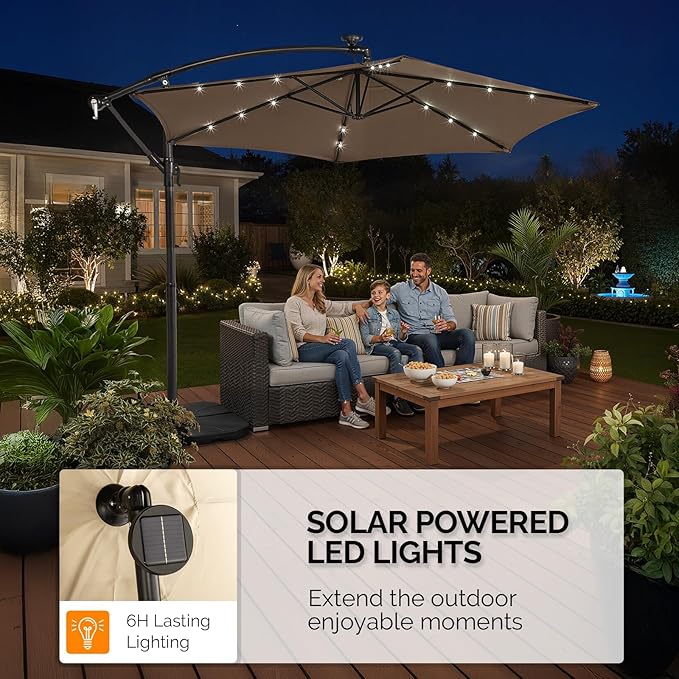 VINGLI 10 ft Cantilever Patio Umbrella, Offset Cantilever Outdoor Umbrella with Solar Lights, Easy Crank & Tilt Adjustment for Backyard, Poolside, Deck