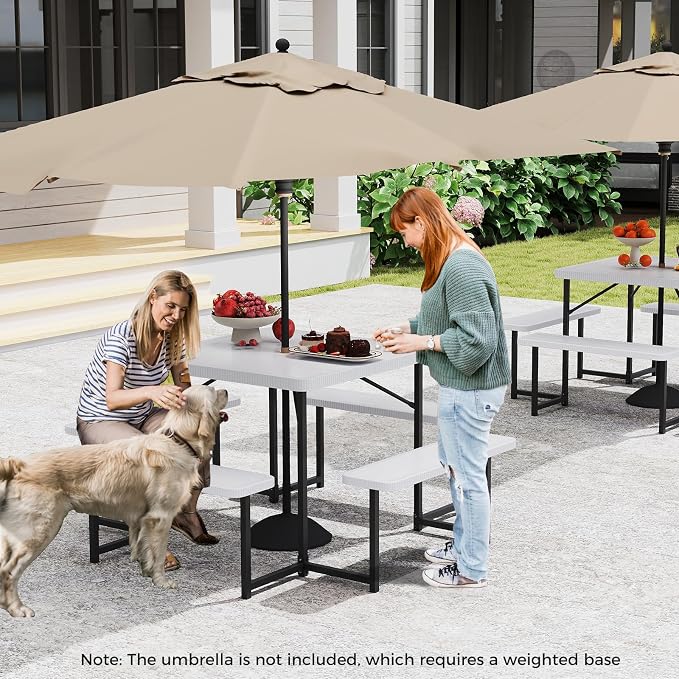 Giantex Picnic Table Bench Set for 4-8 People, 34" Outdoor Square Dining Table & 2 Benches w/Umbrella Hole, HDPE Tabletop, Metal Frame, Patio Camping Furniture for Backyard Porch Lawn (White,Square)