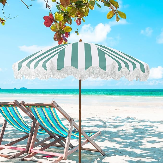 Rayjee 6.5FT Patio Umbrella with Fringe, Portable Boho Beach Umbrella, Tilt & Adjustable Height, 2-Piece Aluminum Pole for Pool, Garden, Deck & Beach