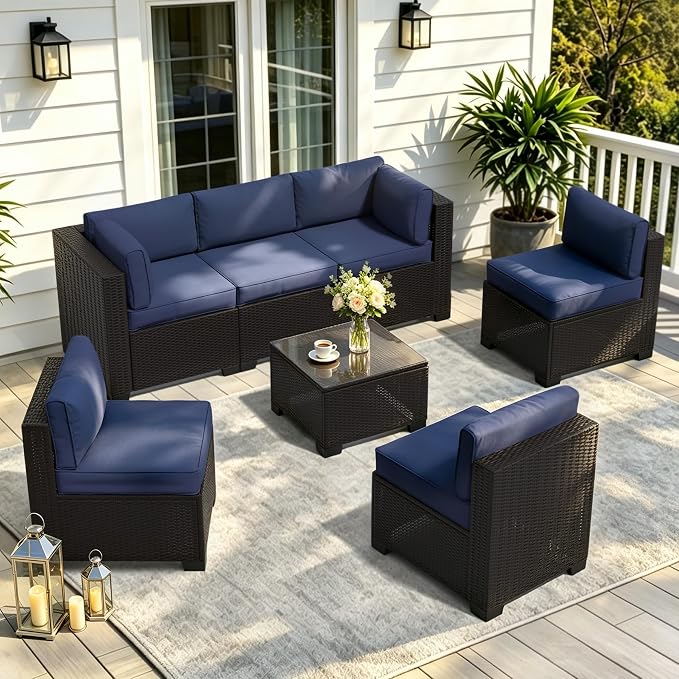 7 Pieces Outdoor Patio Furniture Set, Wicker Modular Sectional Sofa, All Weather Conversation Sets with Glass Table for Yard, Garden, Poolside