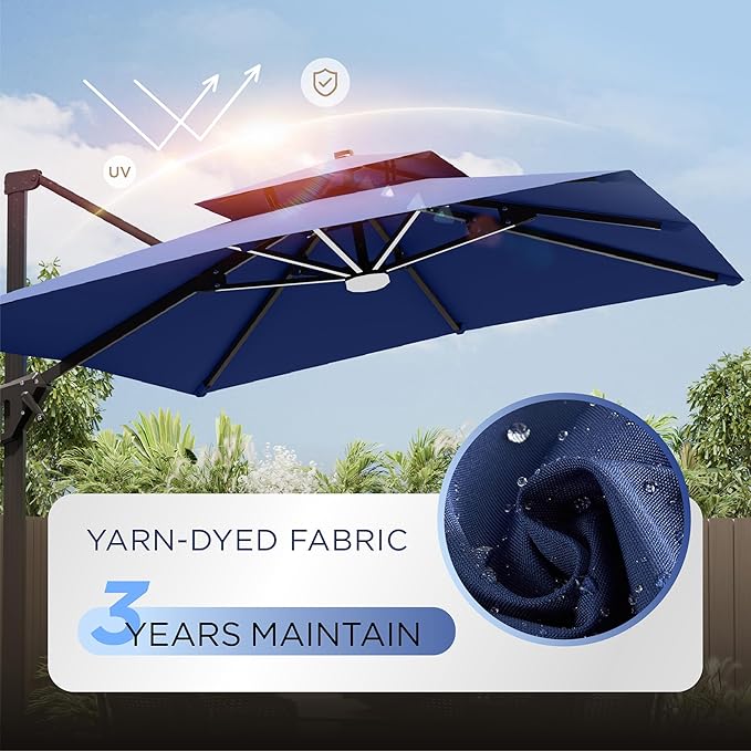10' X 13' Patio Umbrella with Weighted Base and LED Lights Outdoor Cantilever Large Rectangle Offset Umbrellas Heavy Duty Aluminum Double Top with 360-degree Rotation for Pool Garden Deck, Navy