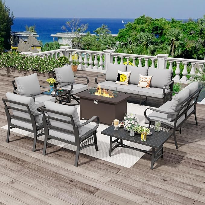9 Piece Patio Furniture Set with 50000 BTU Propane Fire Pit Table, All Weather Outdoor Conversation Set with 2 Swivel Chairs, Sofa and Thick Cushions for Garden, Porch, Lawn, Grey