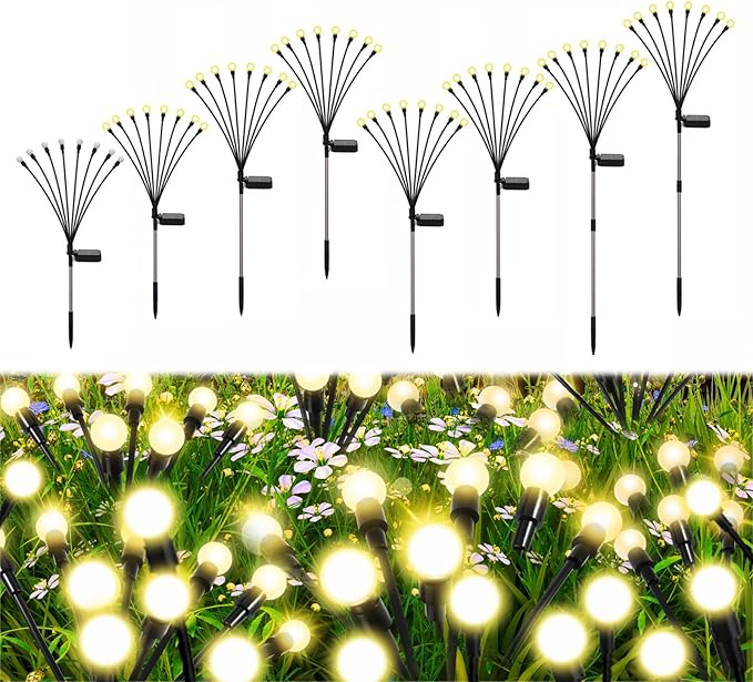 Firefly Lights Solar Outdoor, 8 Modes 800mAh Swaying Solar Firefly Garden Lights Stakes Outdoor Waterproof for Outside Yard Patio Plant Christmas Holiday Garden Decor Warm White(8 Pack)