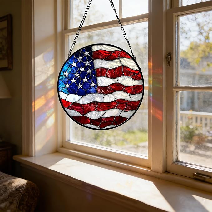 DASTOLL Stained Glass Window Hanging, Blue, White Red National Flag Pattern Sun Catchers Diamond Glass Panel Window Hangings Decor for Birthday Gifts for Women, Men, and Mom 14.9x14.9IN