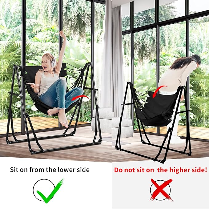 2 in 1 Hammock with Stand, Outdoor Hammock Swing Chair with Portable Heavy Duty Stand, Multi-Functional Hammock Stand 480 lbs Weight Capacit-Black