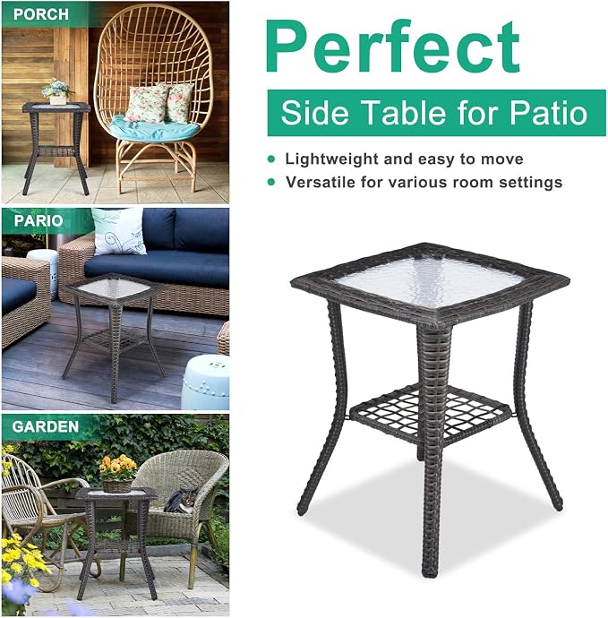 Outdoor Side Table with Storage Wicker Patio Side Table, Tempered Glass Top End Table for Balcony Porch Deck (Grey)