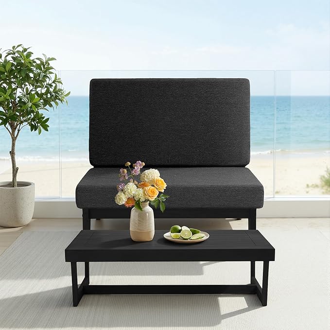 UIXE Black Wood Patio Furniture Sets, 2 Pieces All Weather Patio Loveseat Outdoor Sofa with Solid Wooden Coffee Table - Dark Gray