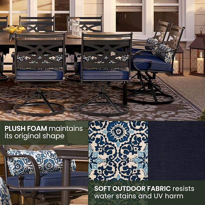 Hanover Montclair 11-Piece Patio Dining Set with 10 Swivel Rocker Chairs, Accent Lumbar Pillows and 84"x60" Steel Stamped Rectangular Table, Large Outdoor Patio Dining Set for 10, Navy Blue