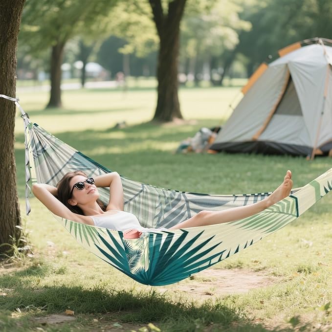 Tropical Palm Leaves Outdoor Hammock with Tree Straps for Outside Patio Garden
