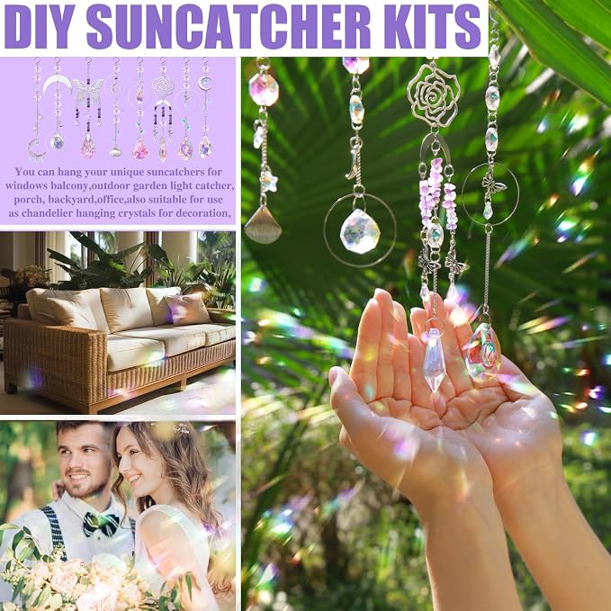 WASTROYAL 400pcs Suncatcher Kit, Crystal Prisms, DIY Hanging Window Decor | 8Set DIY Suncatcher Kit, Crystal Prisms Hanging for Window/Garden, Butterfly Rainbow Decor, Adults Art Crafts Gift with Guide