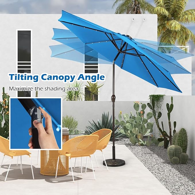 Giantex 9ft/10ft Outdoor Patio umbrella with Solar Lights, Table Market Umbrella with Crank and Push-button Tilt System, Solar LED Lighted Patio Umbrella for Backyard Deck Pool Beach