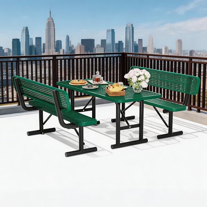4FT Outdoor Metal Picnic Table with 2 Benches,Heavy Duty Rectangular Picnic Table Set for Outside, Waterproof Commercial Restaurant Table Furniture for Park, Campfield, Patio, Garden, Yard