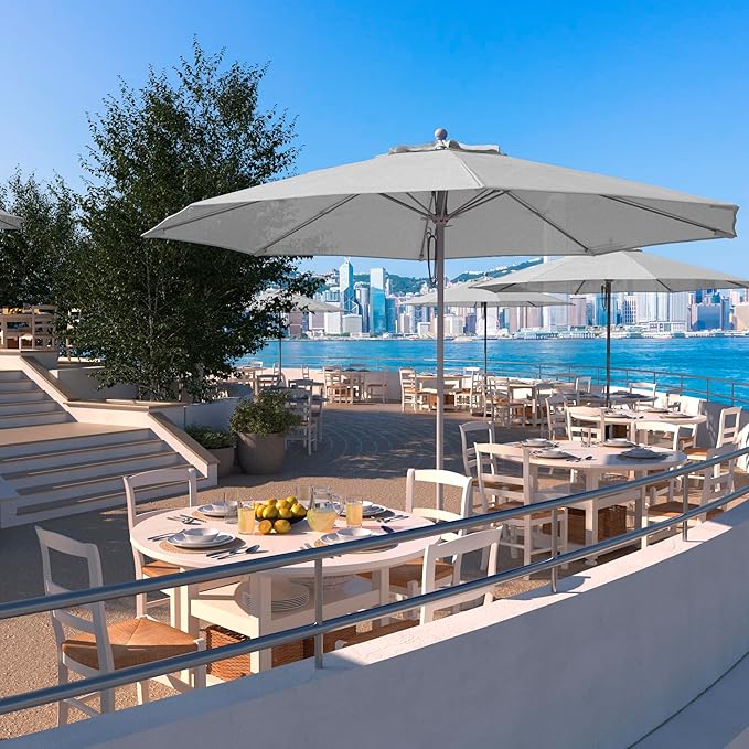 California Umbrella 11Ft Commercial Grade Market Umbrella, Pulley Lift, Aluminum/Fiberglass, 2mm pole wall, White Frame, Solution Dyed White Fabric