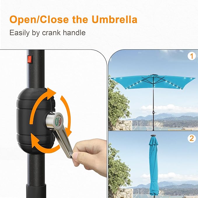 Rectangle Patio Umbrella with Solar Lights, 6x9ft Outdoor Rectangular Table Market Umbrella Patio with Push Button Tilt and Crank for Pool, Deck, Garden,Backyard