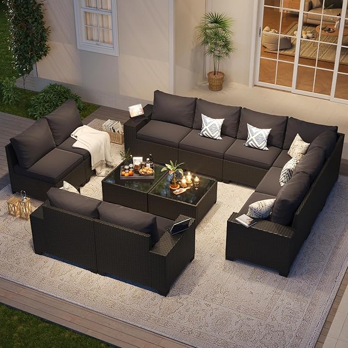 Aoxun Patio Furniture Set, 12 Pcs Outdoor Patio Furniture Sets with 4 in Thicken Cushion, Widen Armrests Wicker Outdoor Sectional for Backyard (Waterproof Cover Include)