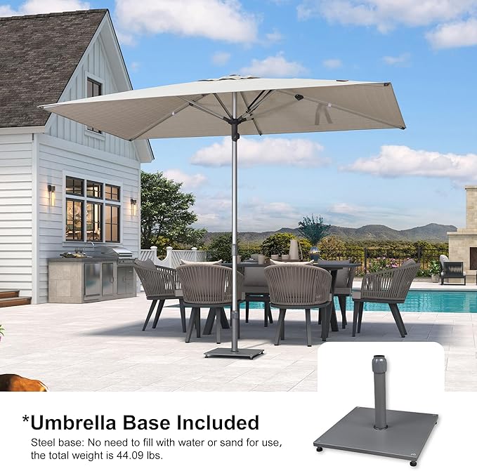 PURPLE LEAF 6 X 10 FT Semi-Auto Outdoor Patio Umbrella with Base Market Table Sun Umbrellas with 6 Aluminum Sturdy Ribs for Backyard Deck Garden Pool (Silver Pole Beige Canopy)