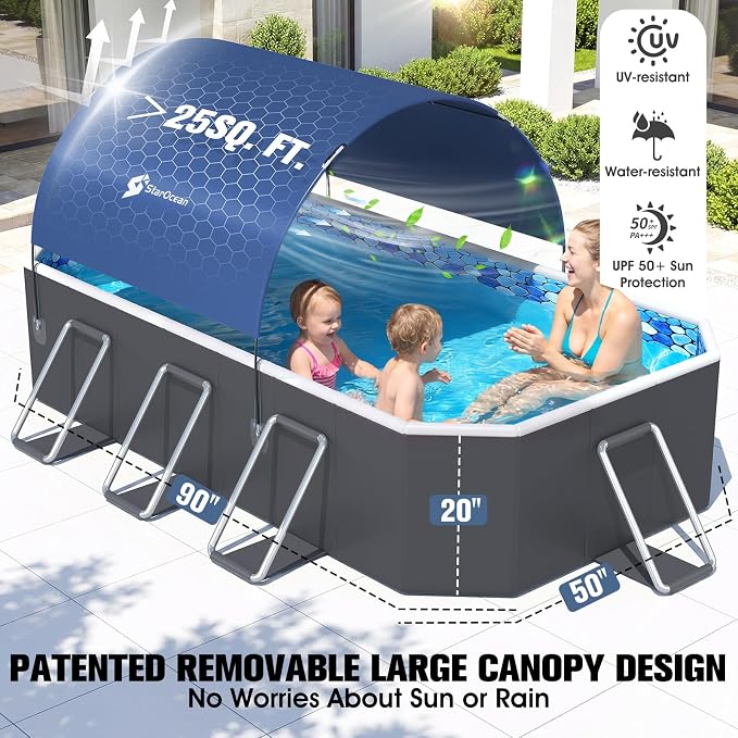 StarOcean Foldable Pool with Canopy,Non Inflatable Pool,Large Foldable Swimming Pool for Adult Portable Pool,Large Collapsible Kid Pool with Shade,Folding Kid Pool for Backyard,90x50x20 in-Dark Blue