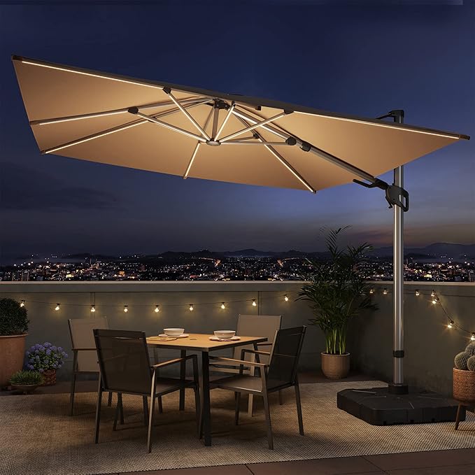 LAUSAINT HOME 10FT Square Cantilever Patio Umbrella with Solar Lights, Windproof Heavy Duty Offset Outdoor Umbrella for Backyard, Pool, Garden & Deck,Khaki