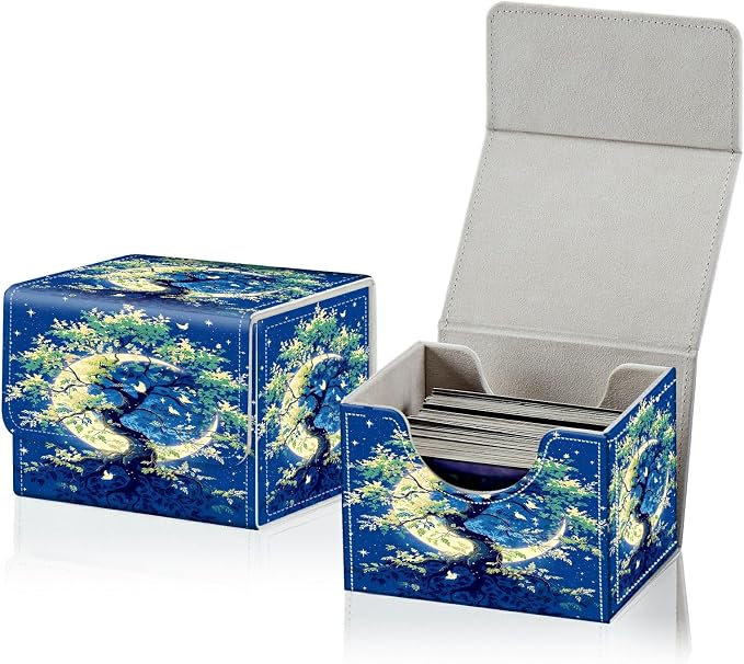 Card Deck Box for MTG, Cards Storage Box Fits 120+ Sleeved, Leather Small Size Strong Magnetic Closing Card Case for Board Games Magic TCG CCG Baseball Collection, Moon Green Tree
