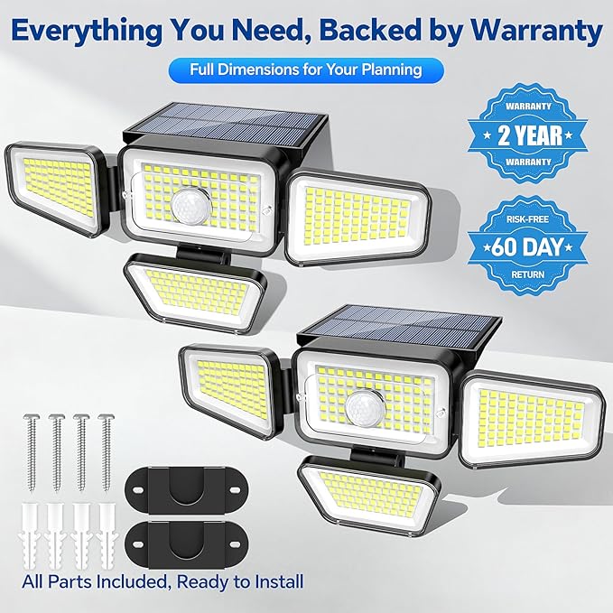 Solar Lights Outdoor, 3000LM Solar Powered Motion Sensor Light, IP65 Waterproof Security Flood Light with 3 Modes, 16-26FT Detection, 6.5-10FT Mounting Height for Wall, Garage, Yard (2 Pack)