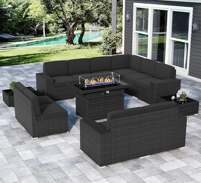 13 Pieces Patio Furniture Set with 44" Propane Gas Fire Pit Table, Outdoor Sectional Wicker Conversation Sofa Sets with Coffee Table